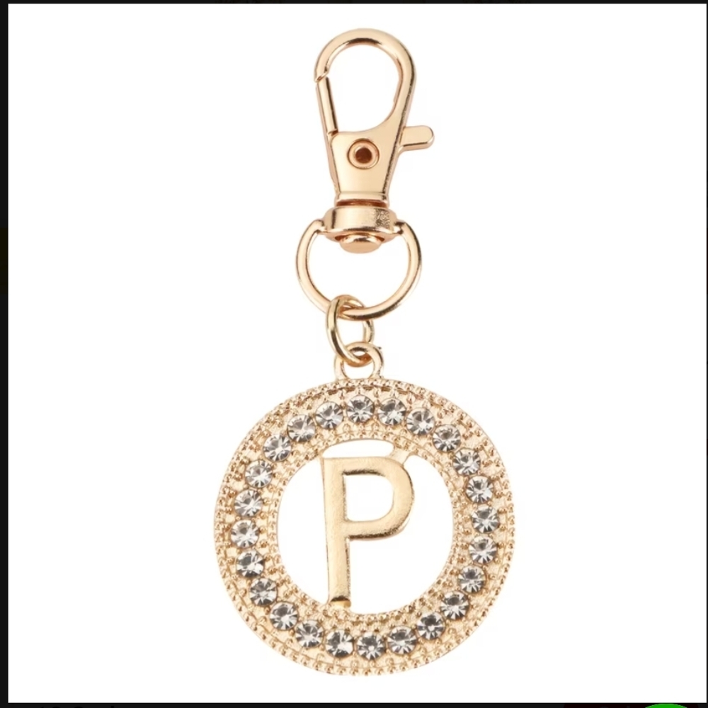 Gold 'P' Crystal Circle Key & Card Holder Charm
